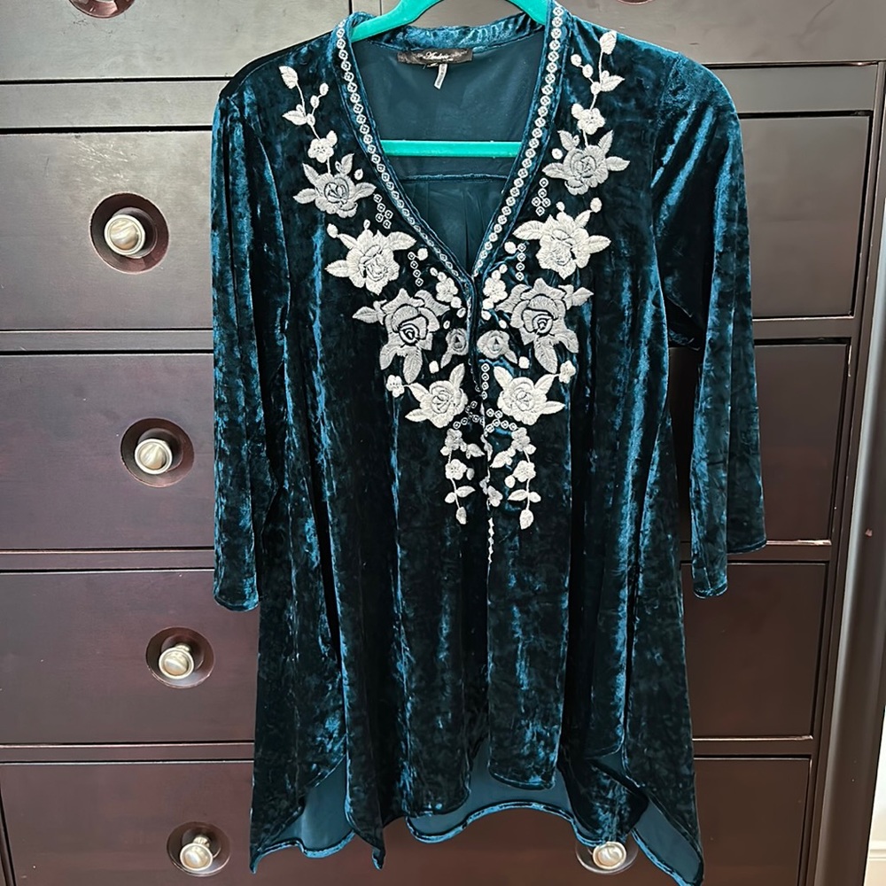 Teal Velvet Top with embroidery detail.